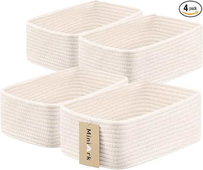 MiniArk Small Storage Baskets for Organizing | Closet Organizer Bins | Shelf Toy Basket | Woven Rope Baskets | Cube Decorative Box | Shallow Basket | 11.5x7.5x4.7” | 4 Packs Off White