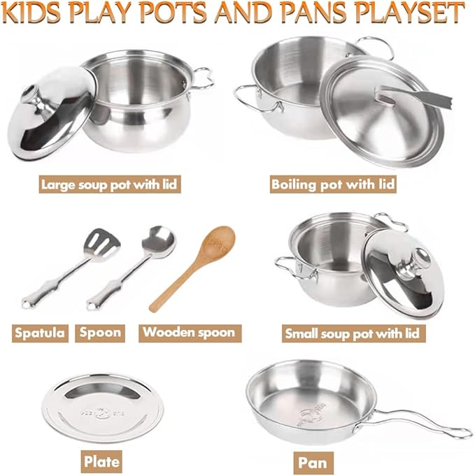 Pretend Play Kitchen Cooking Toys with Stainless Steel Cookware Play Pots and Pans Set，Cooking Utensils Kitchen Play Accessories Toys Cooking Pots for Toddlers Boys Girls for Kids