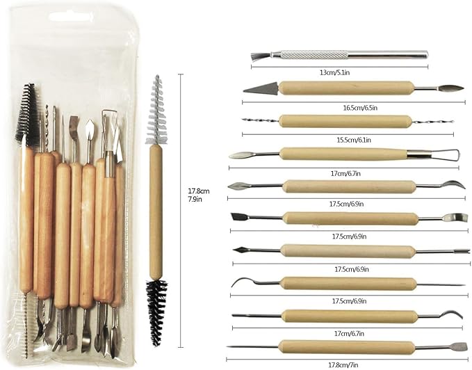 S & E TEACHER'S EDITION 11 Pcs Pottery & Clay Sculpting Tools, Double-Sided, Ceramics Tools Smooth Wooden Handles for Trimming, Embossing Pattern.