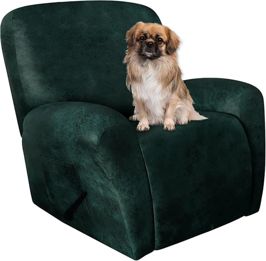 Leather Like Recliner Chair Covers Heavy Duty, 4 Pieces Lazy Boy Recliner Cover for Recliner Chair, Leather Cover for Recliner slipcovers Washable for Pets (Dark Green)