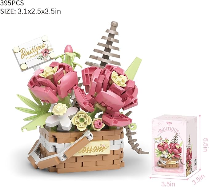 Flowers Succulents 3.6In Building Toy Set, 395 Pcs Botanical Collection for Office Home Decoration Flower Plant Building Blocks Toy, As a Adults, Kids, Girls Idea Gifts