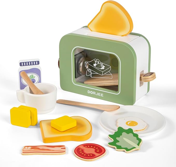 Dorjee Wooden Pop Up Toaster Set 15 Pcs Play Kitchen Playset - Play Toaster Wooden Toy Food Kids Gift Girls & Boys Toddler