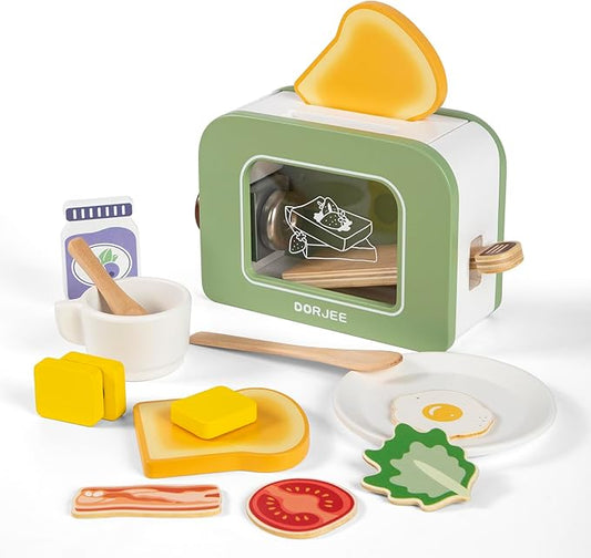 Dorjee Wooden Pop Up Toaster Set 15 Pcs Play Kitchen Playset - Play Toaster Wooden Toy Food Kids Gift Girls & Boys Toddler