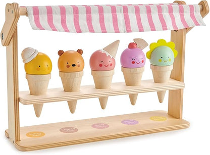 Tender Leaf Toys - Scoops and Smiles - Ice Cream Toy Shop with 5 Solid Wood Pretend Play Set for Kids, Play Food and Accessories, Encourage Role Play and Develops Social Skills - Age 3+