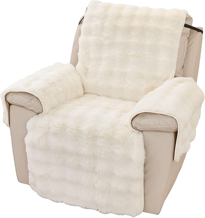 vctops Faux Fur Fluffy Recliner Chair Slipcover Faux Rabbit Fur Non Slip Sofa Cover Super Soft Plush Thick Couch Cover Furniture Protector with Elastic Straps for Kids, Dogs, Pets(Cream,24")