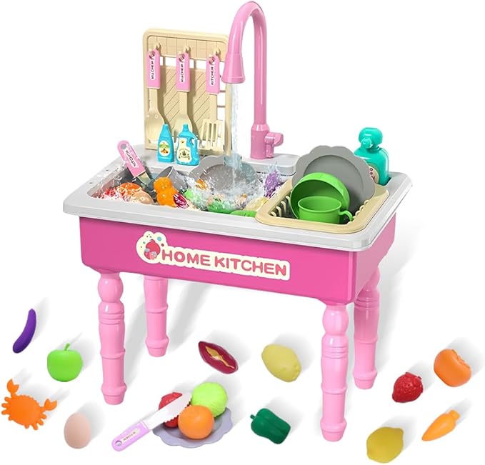 Play Kitchen Sink Toys with Running Water, Toddler Electric Dishwasher Playing Toy with Cutting Foods, 33 PCS Pretend Role Play Accessories Set, Learning Gift for Girls Boys (Pink)