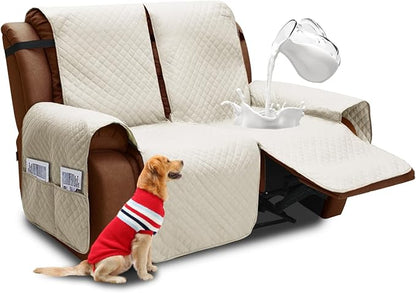 XINEAGE Water Resistant Recliner Cover, 2 seat Recliner Loveseat Covers with Pockets, Quilted Thick Recliner Protector Cover for Dog Pets with Non Slip Backing and Strap (Recliner Loveseat, Beige)