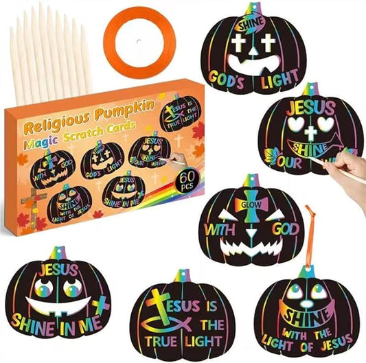 B1ykin Fall Religious Pumpkin Scratch Card - DIY Autumn Magic Scratch Cards Craft Kit for Kids, Christian Black Bible Hanging Tags Party Favors for Thanksgiving Sunday School Classroom Art Activity