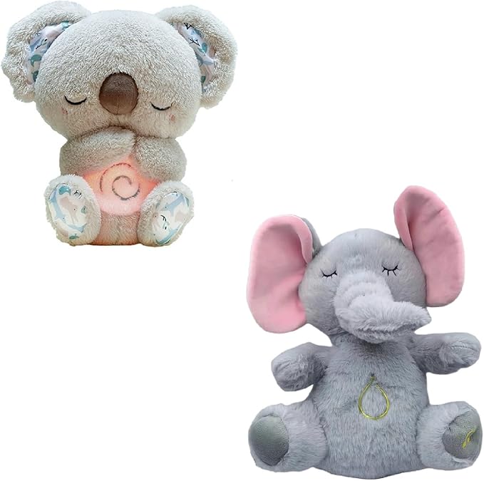 Relief Koala Breathing Stuffed Toy, Anxiety Relief Plush Breathing Animal, Sleeping Koala Plush Breathing with Musical Lights & Rhythmic Breathing Motion (E-Koala+Elephant)