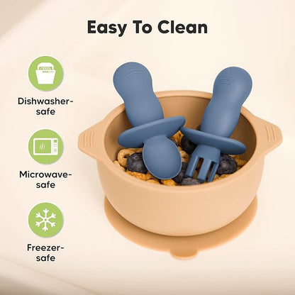 KeaBabies 4-Pack Silicone Baby Spoons and Forks Set - Baby Spoon Self Feeding, BLW Baby Utensils 6-12 Months, Baby Led Weaning Feeding Spoon, Teething Infant Baby First Food Training Pre Spoon(Slate)