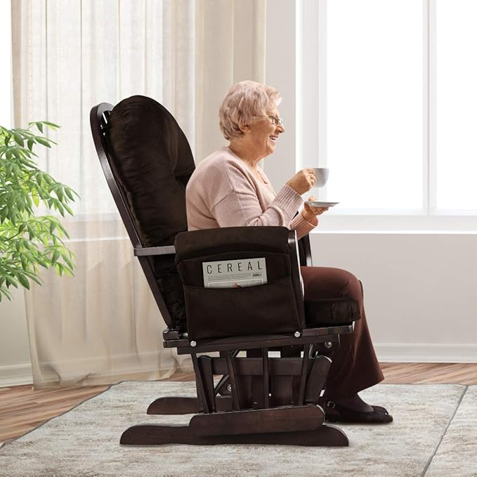 Costzon Nursery Glider with Ottoman, Upholstered Comfort Glider Rocker with Padded Cushion, Storage Pocket, Solid Wood Base, Rocking Chair Nursery for Breastfeeding, Maternity, Napping (Brown)