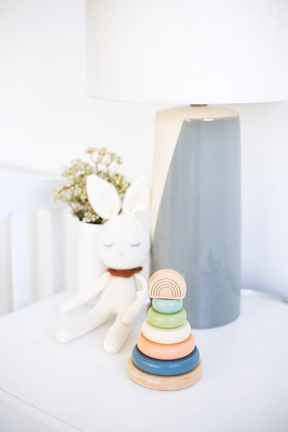 Pearhead Wooden Stacking Rainbow Toy, Baby and Toddler Ages 12+ Months Montessori Toy, Interactive Stackable Rings Learning Toy, Baby Girl or Baby Boy Nursery Accessory