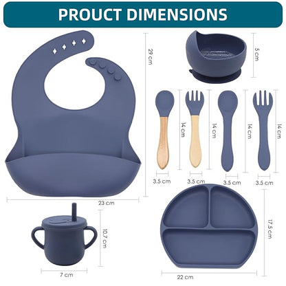 100% Silicone Baby Feeding Set,BPA Free Baby Dishes Set with Suction Bowl Divided Plate,Toddler Self Feeding Dish Set with Spoons Forks Sippy Cup and Bib, Baby Eating Utensils (Navy Blue)
