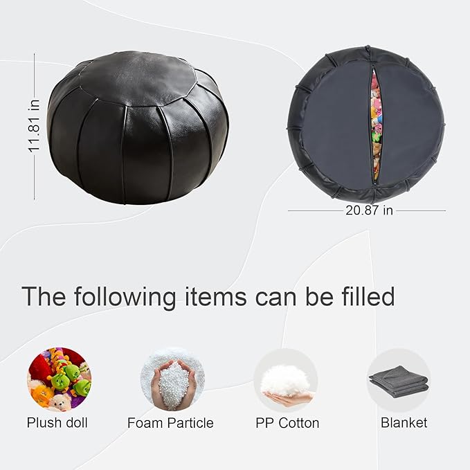 Louis Donné Unstuffed Ottoman Pouf Cover, Supersoft Handmade Faux Moroccan Decor, Small Bean Bag for Storage Solution, Foot Stool for Foot Rest, Footstools for Balcony Office Indoor 21dia Black