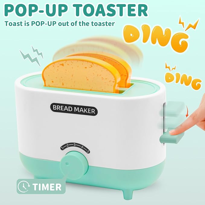 Kids Play Kitchen Accessories Toys Set, Pretend Play Kitchen Appliances Kit - Blender, Coffee Maker, Mixer, Toasters with Light & Sound, Playhouse Role Play Toy Gift for Girl Ages 3 4 5 6