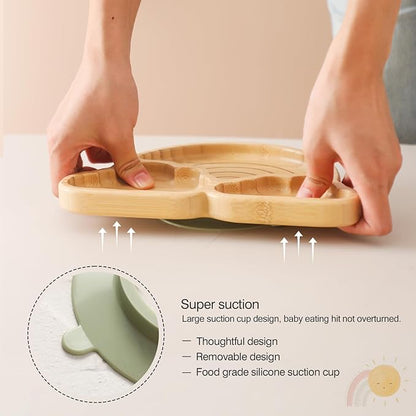 Bamboo Suction Plates Bowls Set for Baby Toddler Divided Platter Food bowl with Silicone Fork & Spoon All-Natural Baby Feeding Set for Baby-Led Weaning, Non-Slip Design