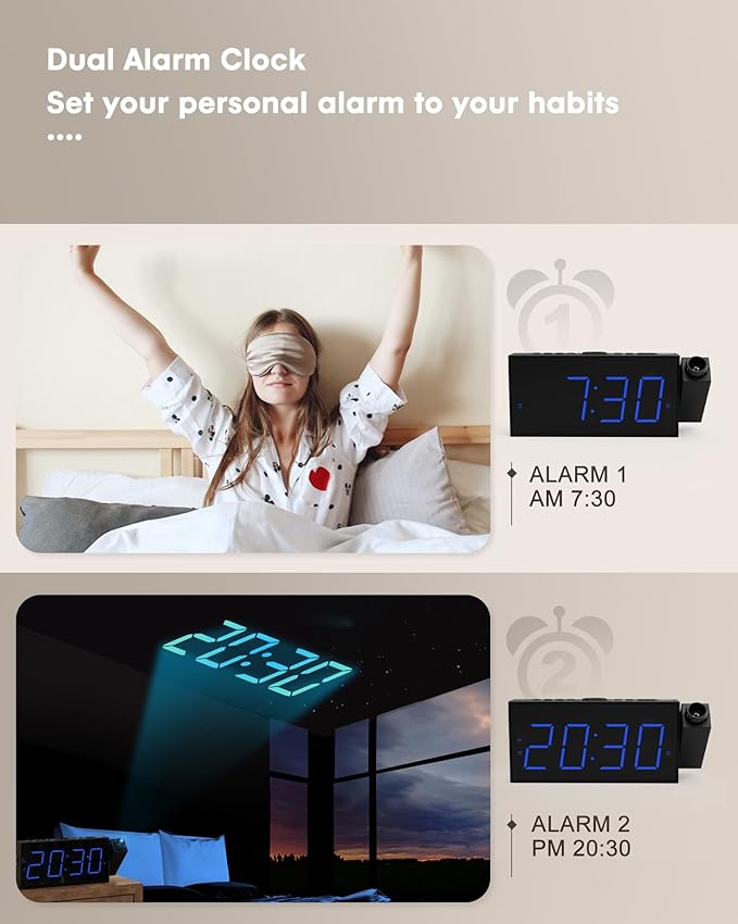 Projection Alarm Clock for Bedrooms,7'' Digital Clock with 180° Projector, 5-Level Brightness Dimmer, USB Charger,Snooze,12/24H& Battery Backup,Suitable for Deaf and Hard of Hearing,Kids,and Elders