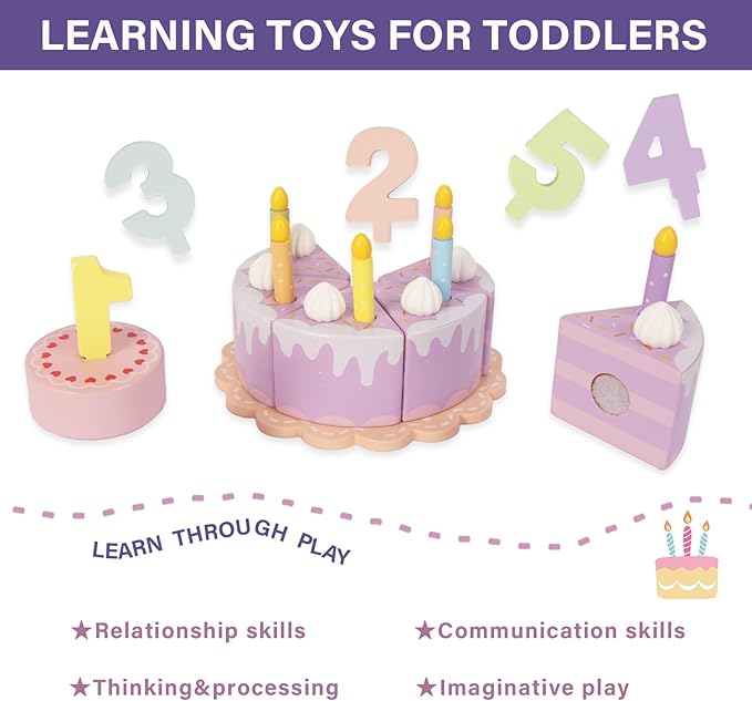 Pretend Play Food for Toddlers 1-3,Wooden Birthday Fake Cake with Candles and Numbers,Tea Party Learning Kitchen Gift Toys for Boys Girls (Cream Cake)