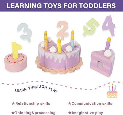 Pretend Play Food for Toddlers 1-3,Wooden Birthday Fake Cake with Candles and Numbers,Tea Party Learning Kitchen Gift Toys for Boys Girls (Cream Cake)