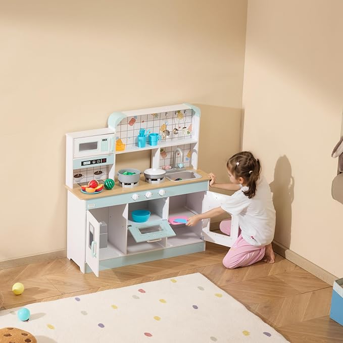 VEVOR Wooden Play Kitchen Toy, Play Kitchen for Kids with Lights and Sounds, Toddler Kitchen with Ice Maker, Oven, Sink, Microwaves, Fridge and Utensil and Fruit Accessory for Toddlers Ages 3-8, White