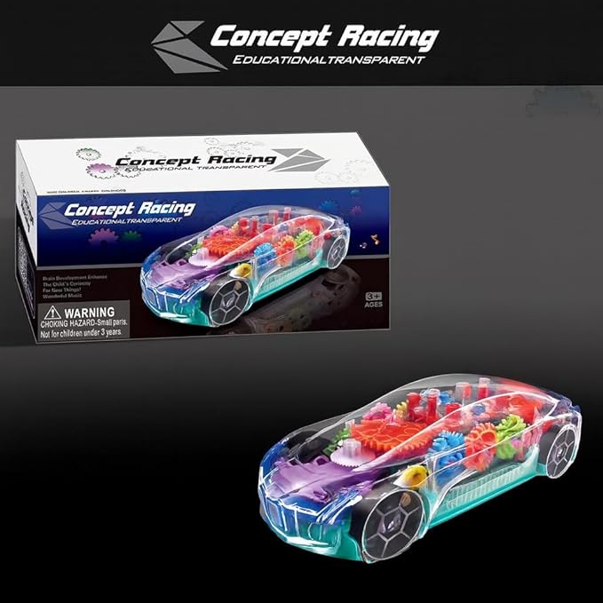 Transparent Sensory Gear Toy Car for Kids, Bump & Go Toy Car with Colorful Moving Gears, Music & LED Lights, Interactive Light Up Toys for Toddlers, Boys & Girls, Great Birthday Gift