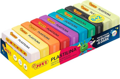 Jovi - Glow in The Dark, Non Drying Modeling Clay, Endlessly Reusable Plasticine, Set of 10 Bars (8 Basic Color + 2 Glow in The Dark), Each 1.75oz, for Arts and Crafts Projects