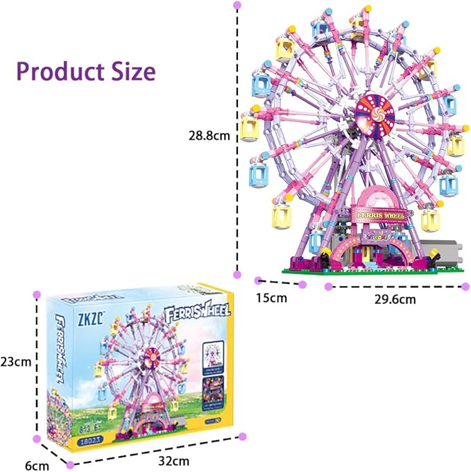 Rotating Ferris Wheel Building Blocks Kit,with Lights Amusement Park Building Construction Toys Set for 6+ Year Boys.Girls.Adult(870 Pieces) Pink