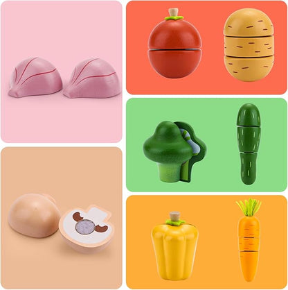 Cutting Vegetable Set - Wooden Play Food Kitchen Accessory, Multi - Pretend Play Accessories, Wooden Cutting Fruit Toys for Toddlers and Kids Ages 3+
