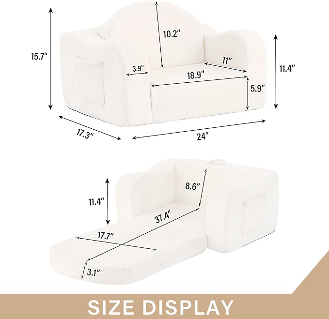 Tiita Kids Chairs for Toddler, 2-in-1 Toddler Soft Sherpa Couch Fold Out, Convertible Sofa to Lounger for Girls and Boys, Beige