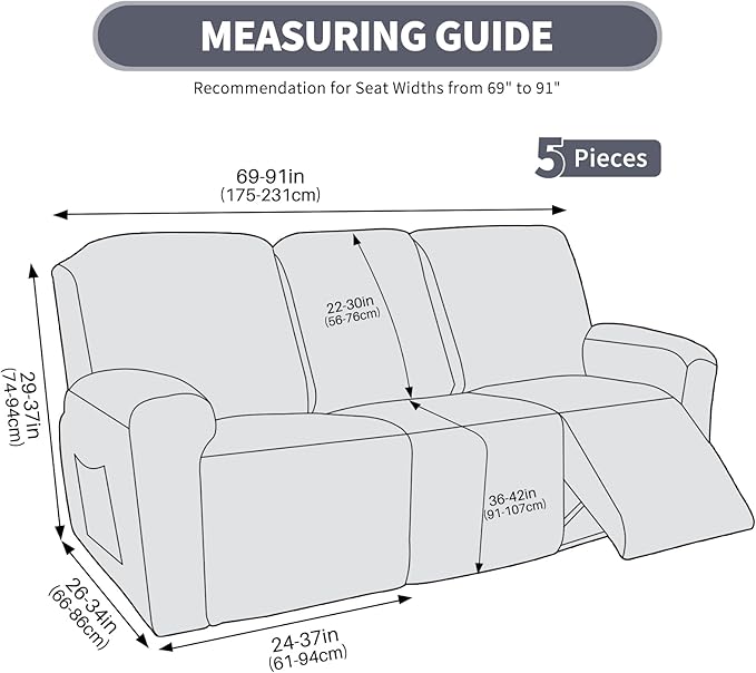 JIVINER Recliner Couch Cover, Jacquard 5 Piece Stretch Sofa Covers for 3 Cushion Reclining Lazy Boy Soft Washable Sofa Slipcovers Protector with Pockets (Recliner Sofa, Teal)