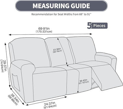 JIVINER Recliner Couch Cover, Jacquard 5 Piece Stretch Sofa Covers for 3 Cushion Reclining Lazy Boy Soft Washable Sofa Slipcovers Protector with Pockets (Recliner Sofa, Khaki)