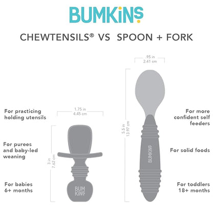 Bumkins Baby Utensils Set, Chewtensils Silicone Spoons for Dipping, Self-Feeding, Baby Led Weaning, Trainer Learning, First Stage Eating, Soft Practice Fork and Spoon, Babies 6 Months, Gray