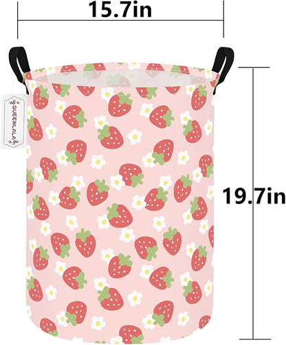QUEENLALA Large Storage Basket,Laundry Hamper/Bathroom/Home Decor/Collapsible Round Storage Bin,Boys and Girls Hamper/Boxes/Clothing(Round-Pink Strawberry)