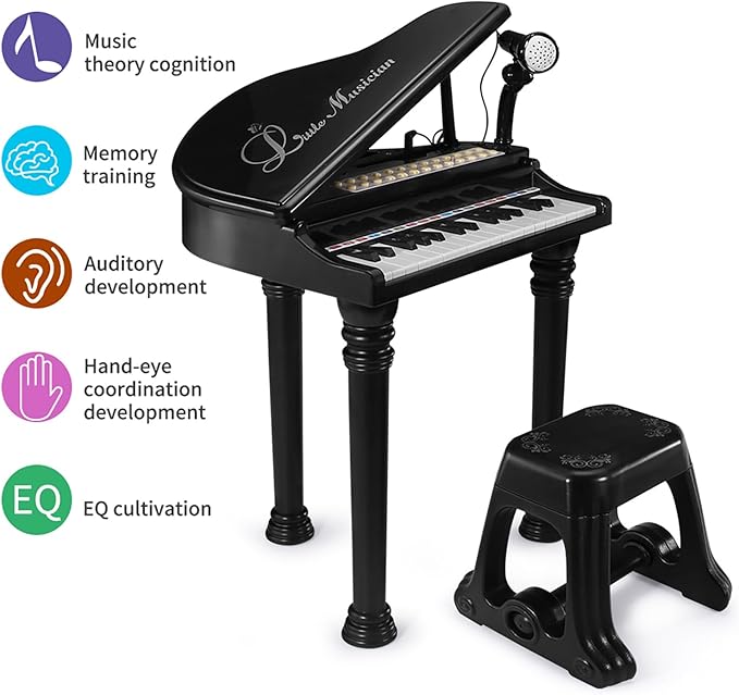 Losbenco Kids Piano Keyboard Toy, Toddler Electronic Musical Instrument Educational Toy with Microphone, Multiple Sounds, Record Playback, Lights & Stool, Birthday Gift for 3 4 5 6 7 Years Old Girls