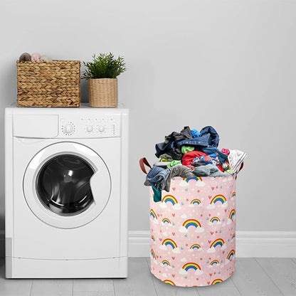NTAOHAMPER Pink Rainbow Laundry Hamper,Baby Nursery Hamper,Kids Toy Storage Basket for Girls Bedroom,Gift Basket,Room Decor(Rainbow)