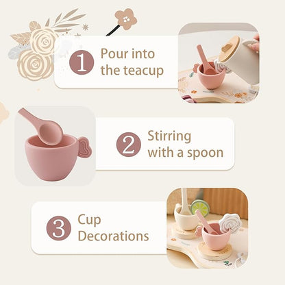 Tea Party Set for Kids - Wooden Tea Set for Little Girls 15PCS Silicone Toddler Tea Set Kitchen Accessories Pretend Play Toy Tea Set for Toddlers - Birthday Gift