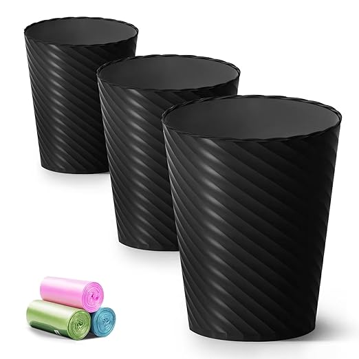 Lysam Bathroom Trash Can, 3 Pack 1.8 Gallons Small Trash Can with Trash Bags, Bathroom Garbage Can, Plastic Trash Bin, Round Waste Basket for Bedroom, Office, Kitchen, Room, Compact Space (Black)