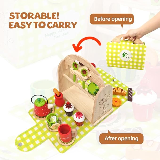 Wooden Tea Party Set for Toddler - Wooden Tea Set Pretend Role Play Kitchen Toy with Carrying Case, 3-5 Year Old Kids Girls Boys Birthday