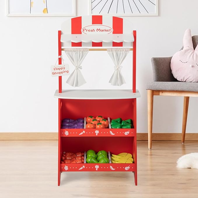 INFANS Grocery Store Marketplace Toy for Kids, Wooden Market Stand Pretend Play Set with 36 Cutting Vegetables Fruits Pieces, Role Food Shop Playset Gift for Boys Girls Ages 3+