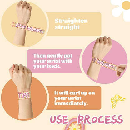 60 Pieces Groovy Slap Bracelets Hippie Boho Wristbands Daisy Flower Peace Rainbow Butterfly and Love Bracelets for 60s 70s Groovy Party Favors Gifts Birthday Party Supplies Decorations