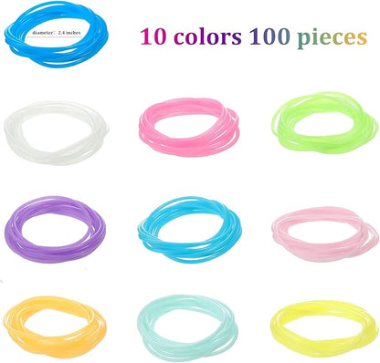 100 Pieces Silicone Jelly Bracelets Luminescent 80s 90s Hair Ties Accessories Multicolor Rainbow Wristband Valentine's Party Favor Mardi Gras Wrist Armband Retro Band for Girls Women Employee Team