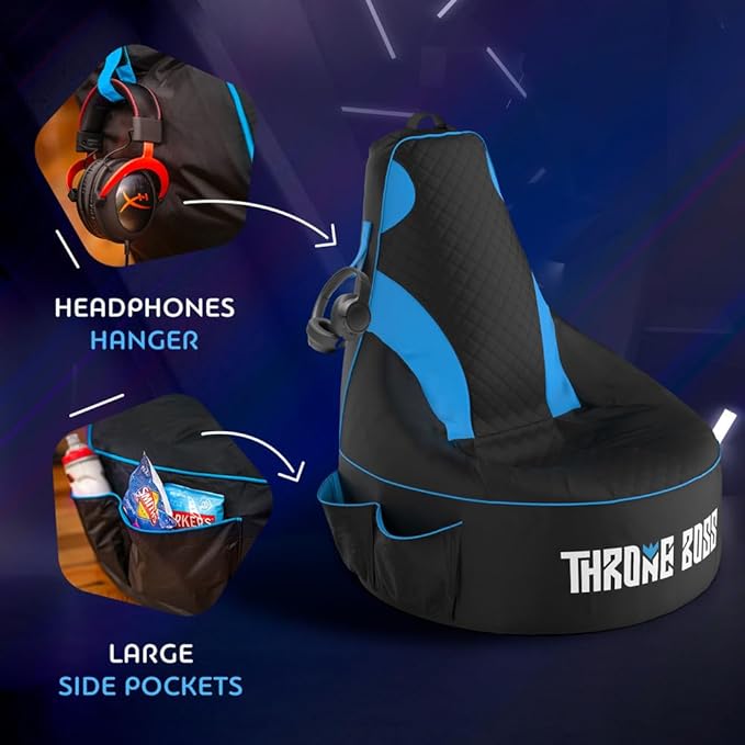 Gaming Bean Bag Chair for Adults [Cover ONLY No Filling] with High Back - Fun Gaming Sofa - Bean Bag Chairs for Adults and Teens - Dorm Chair - Gamer Beanbag Gaming Chair with Cup Holder (Black/Blue)