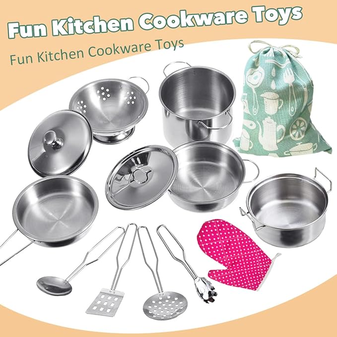 Cookware Pots and Pans Play Set with Cooking Mini Stainless-Steel Kitchen Cooking Utensils Toys,Pretend Toys for Kids, Educational＆Development Toy Kitchen Playset Accessories for Kids Ages 3+