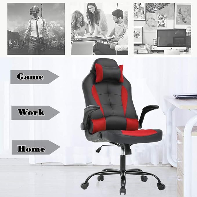 BestOffice PC Gaming Chair Ergonomic Office Chair Desk Chair with Lumbar Support Flip Up Arms Headrest PU Leather Executive High Back Computer Chair for Adults Women Men (Red)