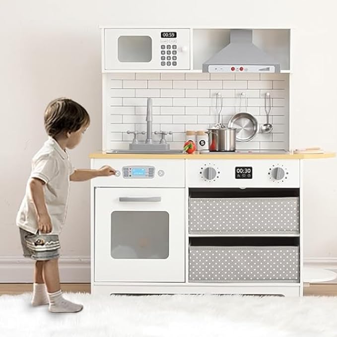 Modern Play Kitchen for Kids,33.4''Toddler Play Kitchen with Toy Storage System,Wooden Kids Play Kitchen Set with Play Features,Kids Pretend Play Kitchen with Cookware Accessories for Ages 3+(White)