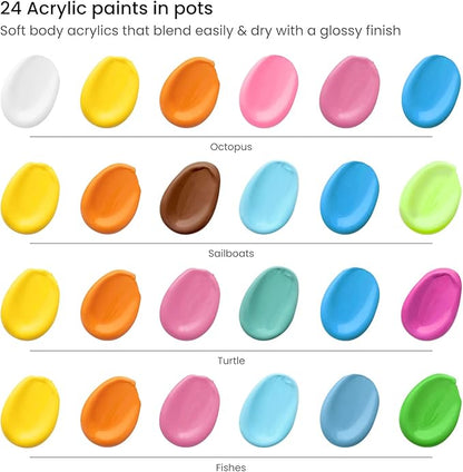 Arteza Kids Ocean Scenes Painting Kit, 4 Canvases 8 x 8 Inches, 24 Acrylic Paints, 4 Paint Brushes, 4 Palettes, Kids Activities Ages 6 and Up