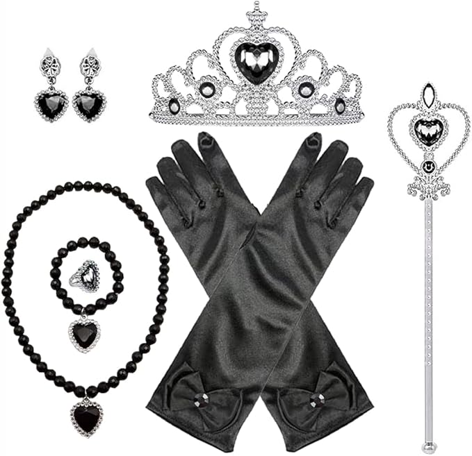 Girls Wednesday Costume Dress up Accessories for Girls Wednesday Gloves Tiara Crown Necklace Wand Earrings Bracelet Ring Kids Halloween Cosplay Accessories Christmas Gifts Set
