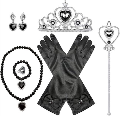 Girls Wednesday Costume Dress up Accessories for Girls Wednesday Gloves Tiara Crown Necklace Wand Earrings Bracelet Ring Kids Halloween Cosplay Accessories Christmas Gifts Set
