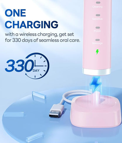 Bymore Electric Toothbrush for Adults,Travel Sonic Toothbrush with 8 Replacement Heads, Ultra Clean Rechargeable Toothbrush Portable One Charge for 330days 5 Modes 2mins Timer-Light Pink