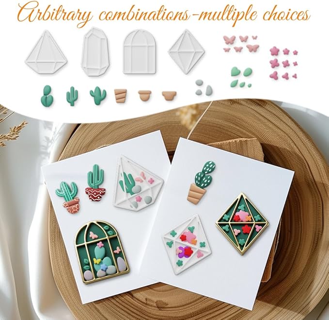 ORIGACH 14 Pcs Terrariums and Cactus Polymer Clay Cutters， Flower House Design Clay Cutters for Polymer Clay Jewelry Earrings with a Clear Storage Box